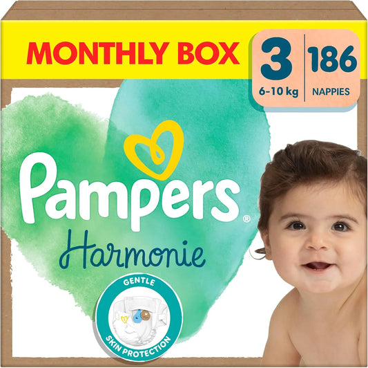 Pampers Pampers Harmony, Size 3, 186 Nappies, 6-10 kg, Soft Skin Protection With 100% Absorption Pampers, Pack 1 Month