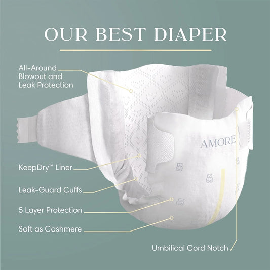 Pampers Amore, Size 1 (8-14 lbs), 82 Count, Our Best Diaper – Hypoallergenic & Fragrance Free, Up to 100% Leakproof, Soft as Cashmere