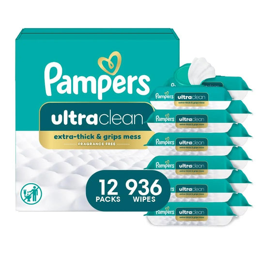 Pampers Ultraclean Baby Wipes, Unscented, Fragrance Free, Water Based, Hypoallergenic, Extra Thick & Grips Mess, 100% Plant Based, 936 Wipes Total (12X Flip-Top Packs)