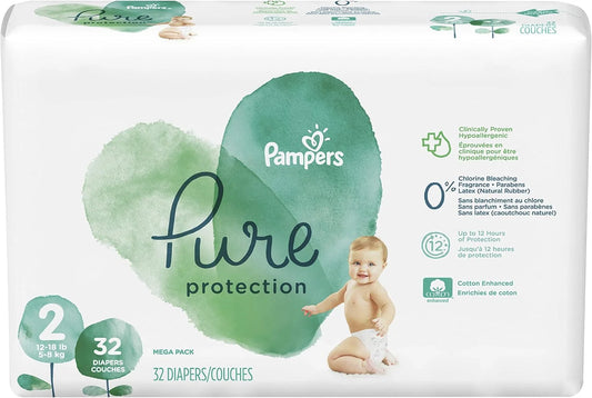 Diapers Size 2, 32 Count - Pampers Pure Protection Disposable Baby Diapers, Hypoallergenic and Unscented Protection, Mega Pack (Old Version)