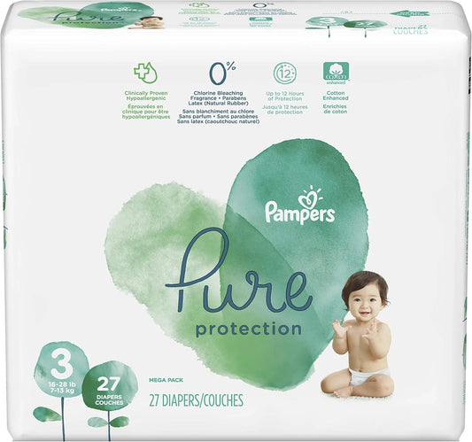 Diapers Size 3, 27 Count - Pampers Pure Protection Disposable Baby Diapers, Hypoallergenic and Unscented Protection, Mega Pack (Old Version)
