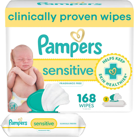 Pampers Sensitive Baby Wipes, Unscented, Fragrance Free, Clinically Proven, Water Based, Hypoallergenic, Multi-Use, Hand Wipes, 168 Wipes Total (3X Flip-Top Packs)