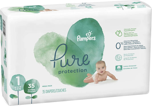 Diapers Newborn/Size 1 (8-14 lb), 35 Count - Pampers Pure Protection Disposable Baby Diapers, Hypoallergenic and Unscented Protection, Mega Pack (Old Version)