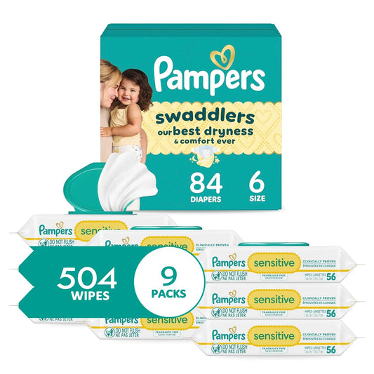 Pampers Swaddlers Diapers, Size 6 (23-44 lbs), 84 Count + Pampers Sensitive Baby Wipes, 504 Wipes Total (6X Flip-Top Packs) [Packaging May Vary]