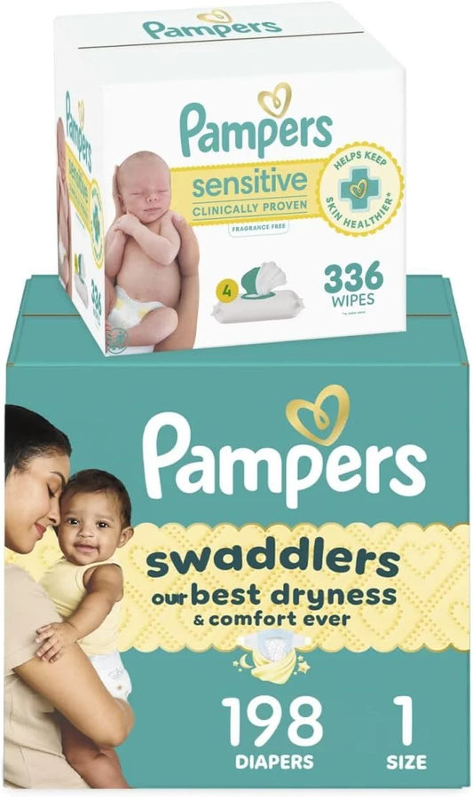 Pampers Swaddlers Disposable Baby Diapers Size 1, One Month Supply (198 Count) with Sensitive Water Based Baby Wipes 4X Pop-Top Packs (336 Count) [Packaging May Vary]