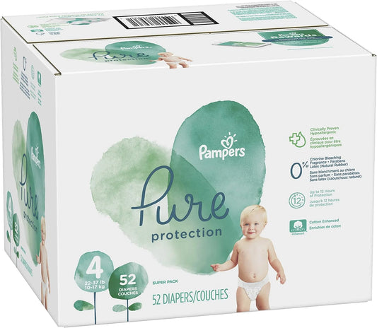 Diapers Size 4, 52 Count - Pampers Pure Protection Disposable Baby Diapers, Hypoallergenic and Unscented Protection, Super Pack (Old Version)