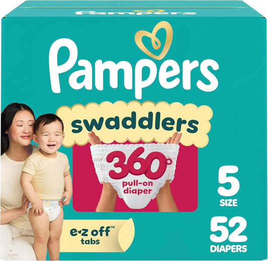 Pampers Diapers - Swaddlers 360° - Size 5, 52 Count, up to 100% Leakproof Comfy Dry Fit, Designed for Easy Changes, Pull On Baby Diaper