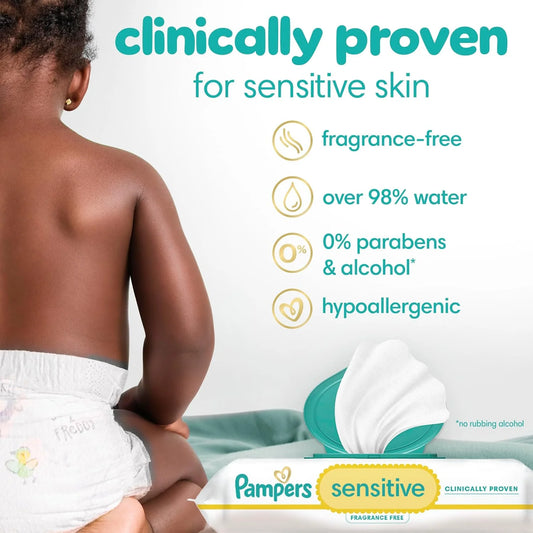 Pampers Sensitive Baby Wipes, Unscented, Fragrance Free, Clinically Proven, Water Based, Hypoallergenic, Multi-Use, Hand Wipes, 168 Wipes Total (3X Flip-Top Packs)