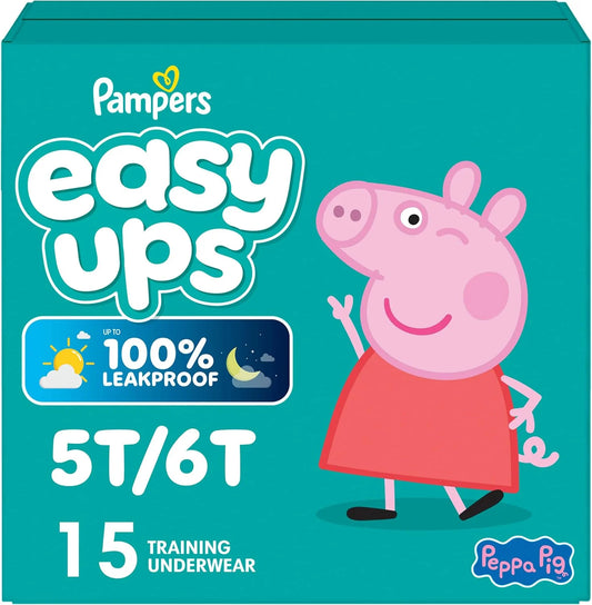 Easy Ups Girls & Boys Potty Training Pants, Size 7 (5T-6T), 15 Count, Peppa Pig Absorbent Pull Up Training Underwear, Up to 100% Leakproof Day and Night, Hypoallergenic