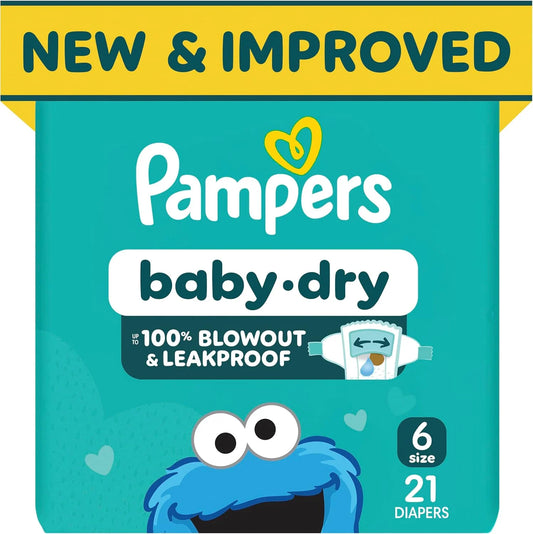 Pampers Baby Dry Ultra Cushiony Diapers, Size 6 (23-44 lbs), 21 Count, Up to 100% Leakproof (Packaging May Vary)