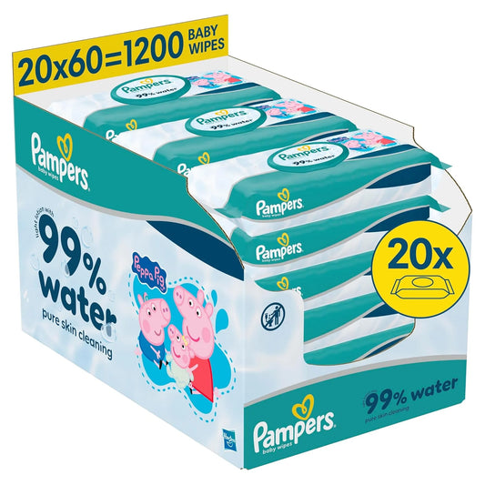 Pampers Peppa Pig 99% Water Baby Wipes Plastic Free, 1200 Baby Wet Wipes